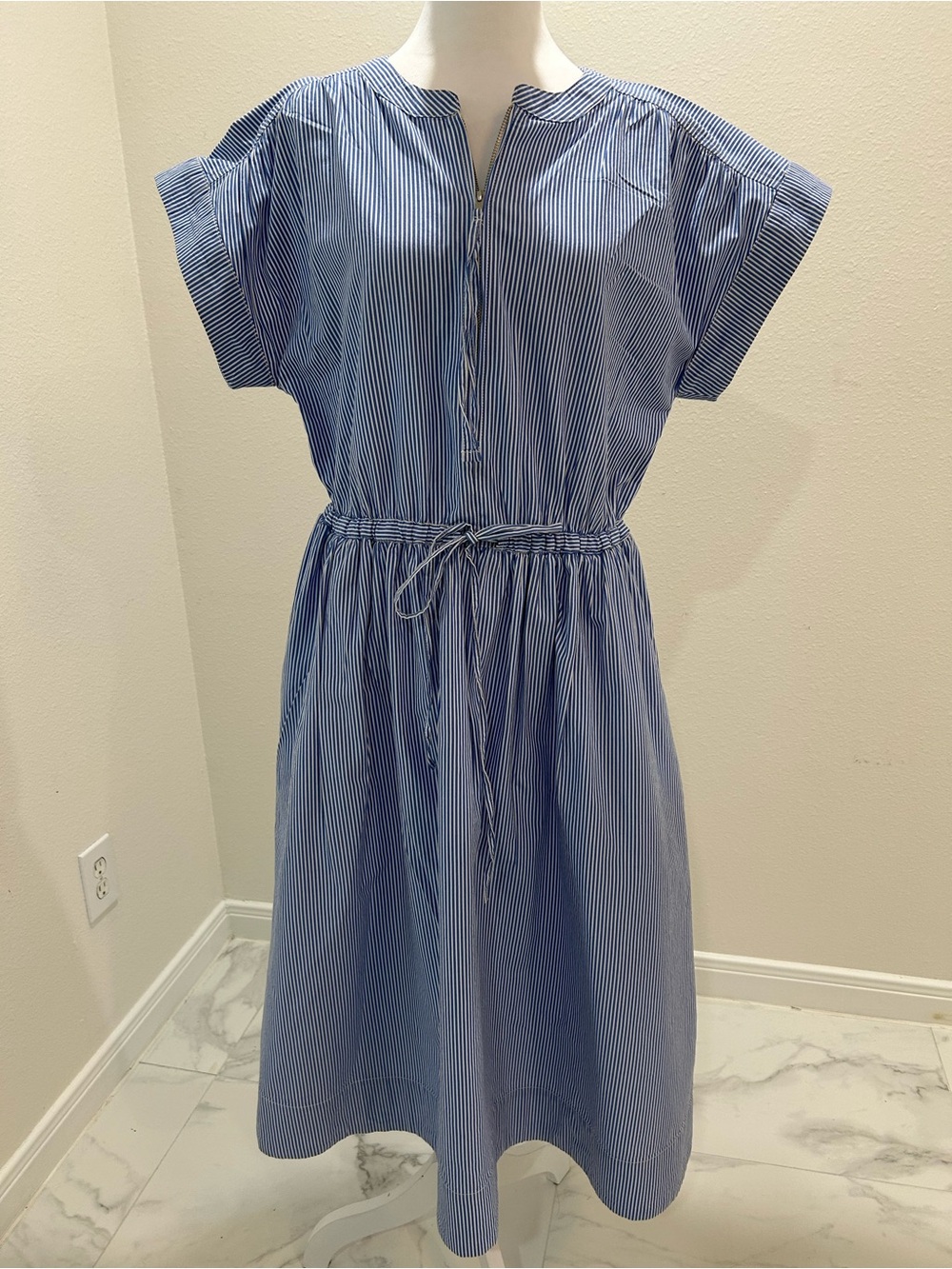 Free Assembly Blue and White Pinstripe Tie-Waist Shirt Dress With Side Splits